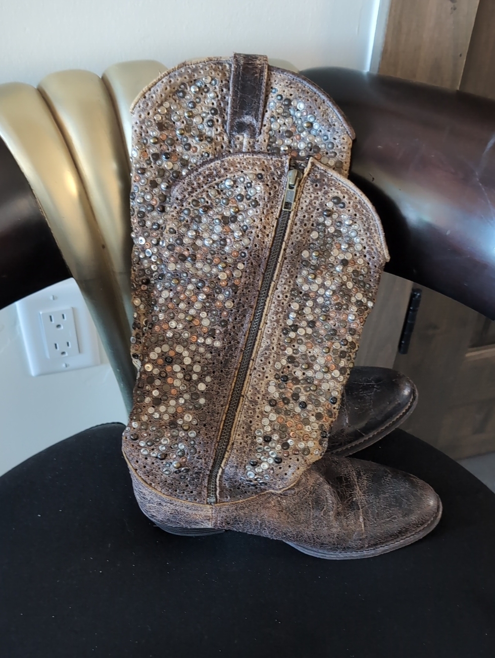 Frye Brown Sequin Studded Western Ankle Boots